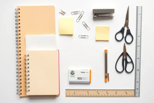 Bureau avec stylos, surligneurs et papeterie de travail